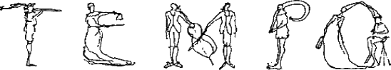 Decorated initials spelling out TEMPO, in the style of people holding early music instruments